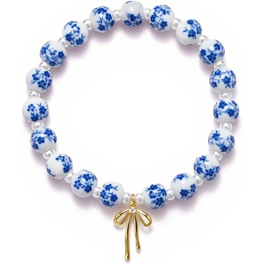 Blue with Pear Flower Handmade Stretch Dainty Bead Bow Charm Bracelet for Women
